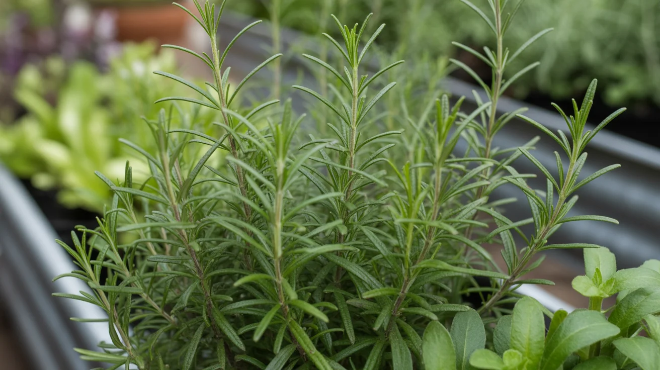 Healthy rosemary with narrow leathery leaves on upright woody stems