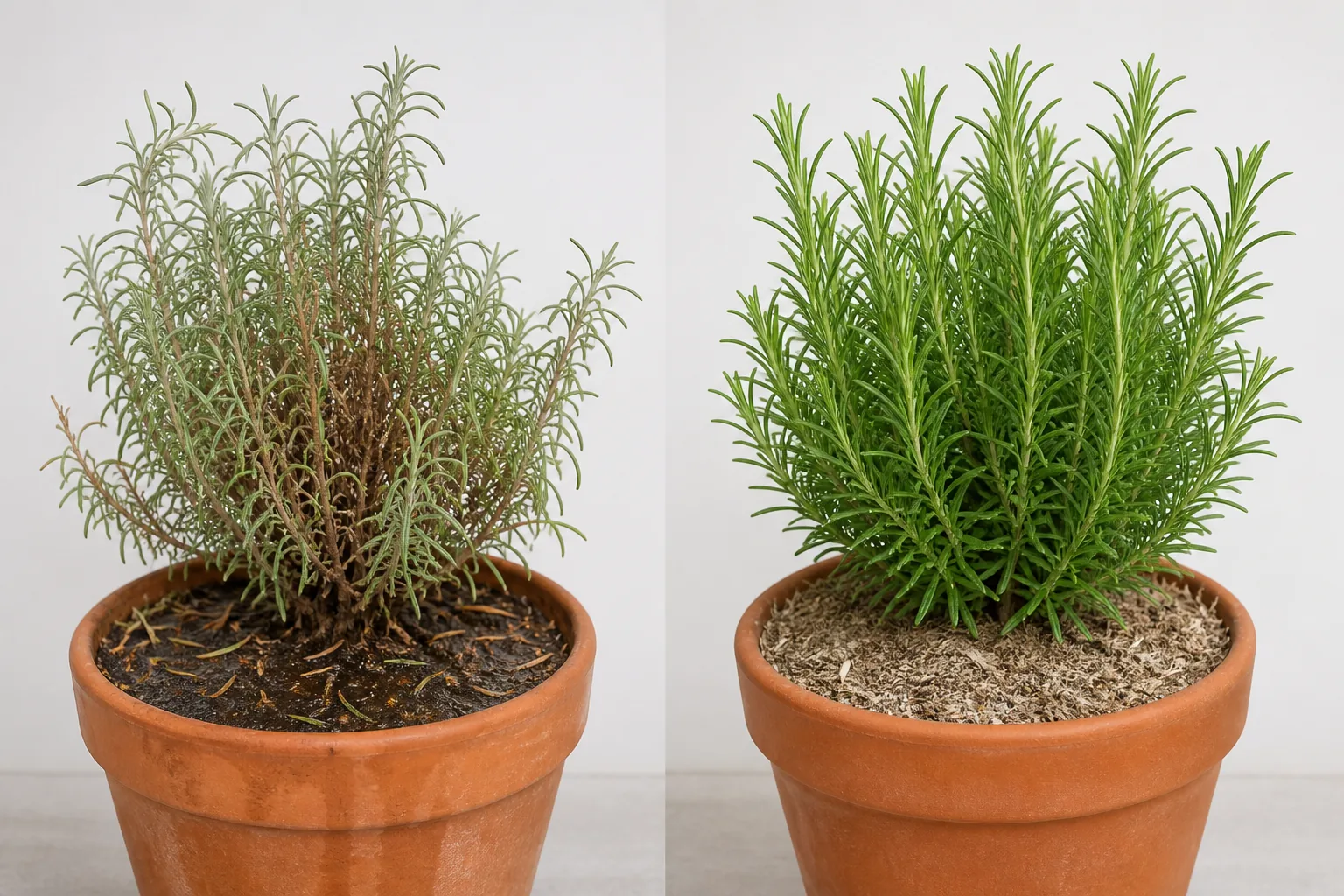 Two potted rosemary plants side by side, the left with dull gray and browning needles over dark wet soil, the right with dense bright green needles over dry soil