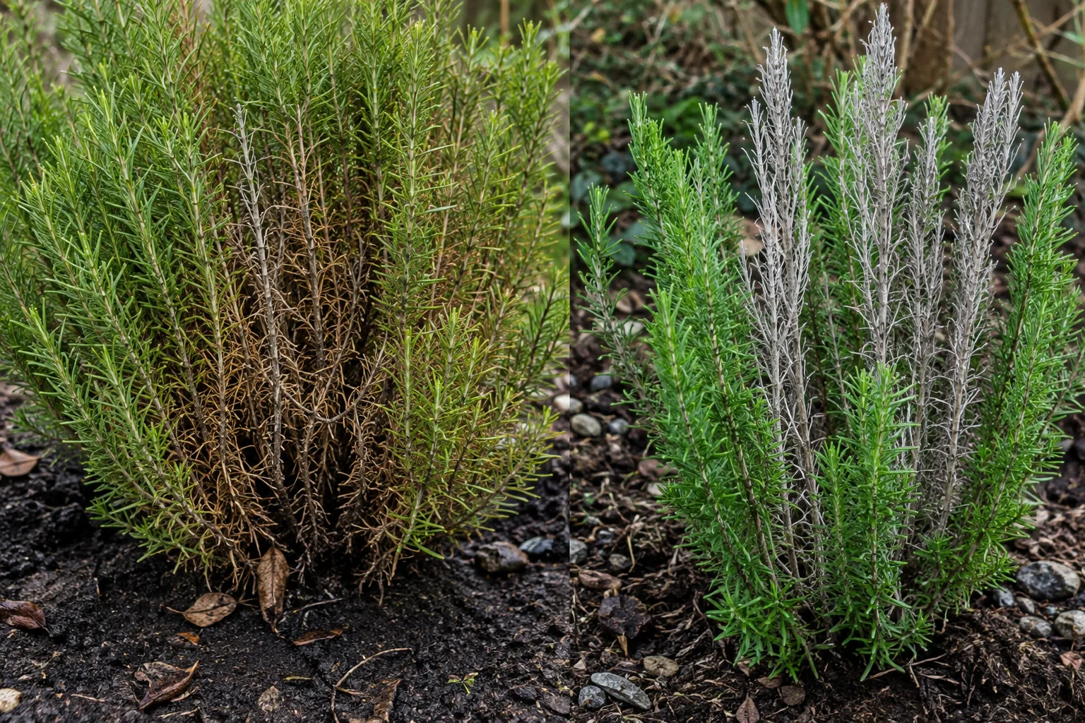 Two rosemary bushes compared, the left browning from the crown outward with green outer tips, the right carrying whole gray dead stems among fully green ones