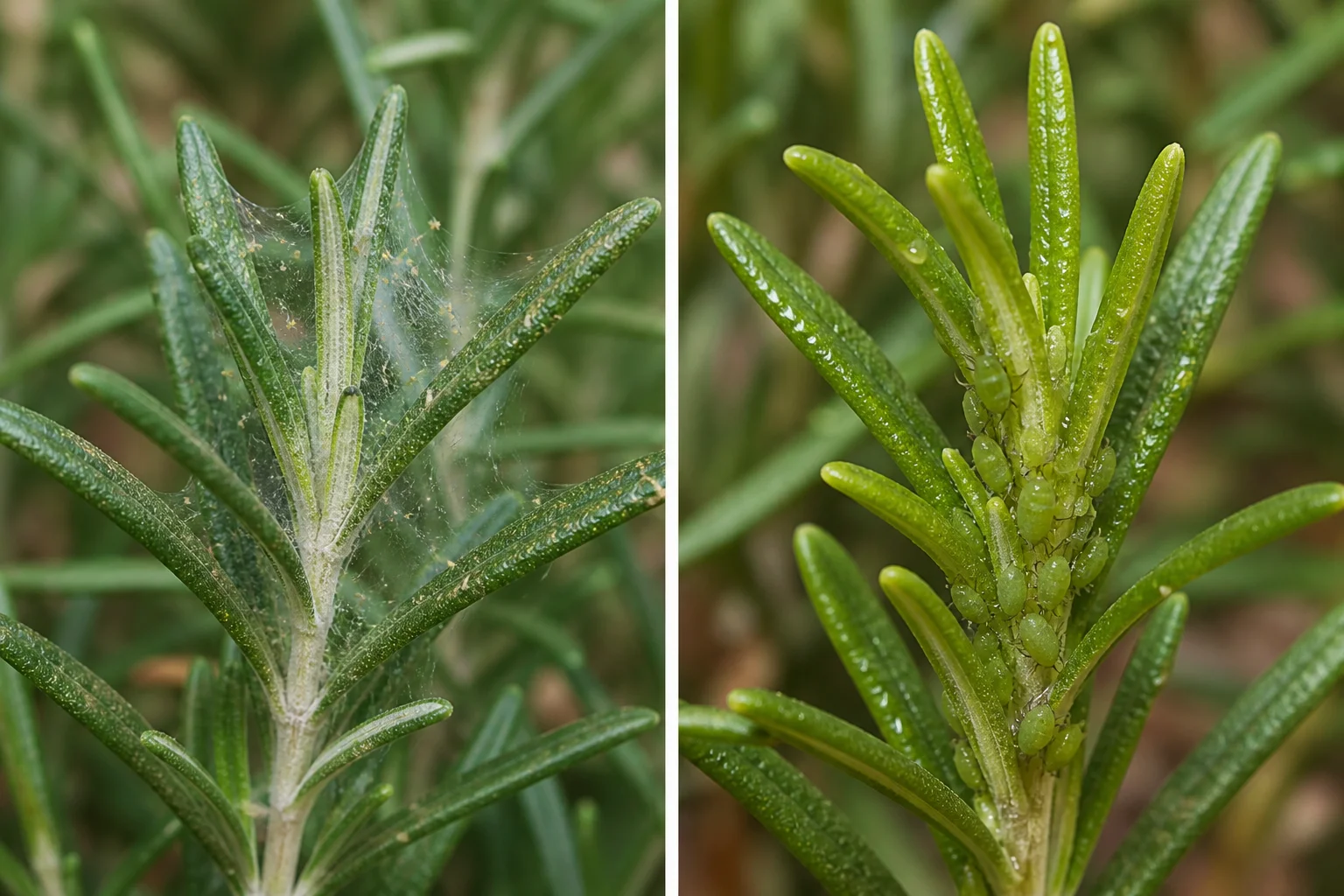 Side-by-side rosemary stem comparison showing fine spider mite webbing on needle leaves next to a shoot tip with a cluster of aphids and glossy honeydew
