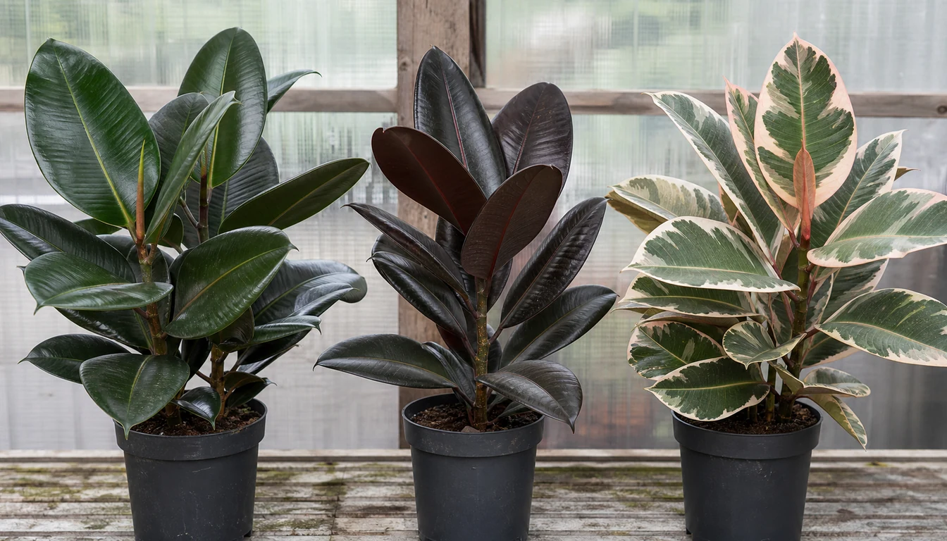Robusta with deep-green leaves, Burgundy with dark red-green leaves, and cream-edged Tineke Rubber Plants aligned on a greenhouse bench