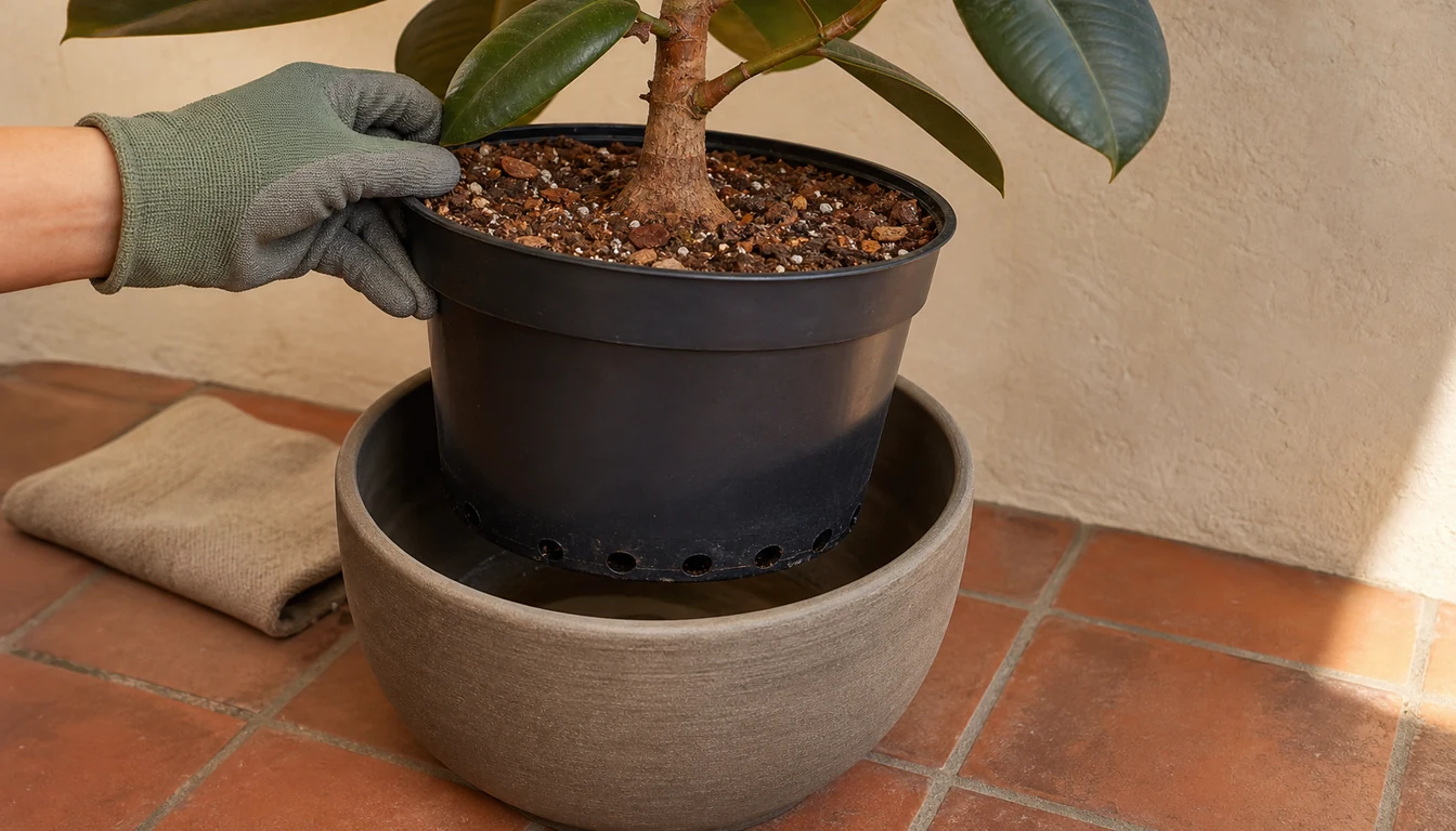 Rubber Plant nursery pot lifted above a ceramic cover pot with open drainage holes, coarse mix, visible root flare, and runoff space