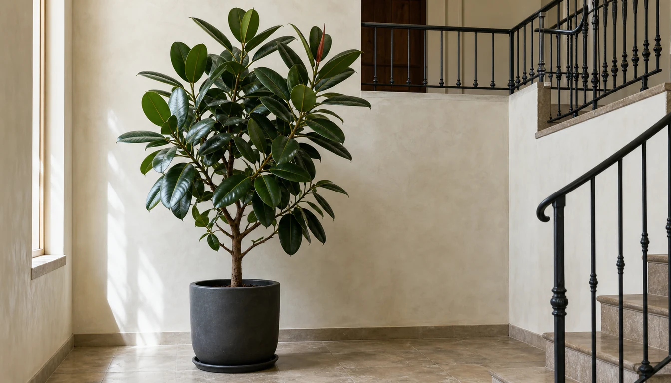 Mature Rubber Plant with a branched trunk, dark glossy oval leaves, and a red opening leaf sheath on an indoor stair landing