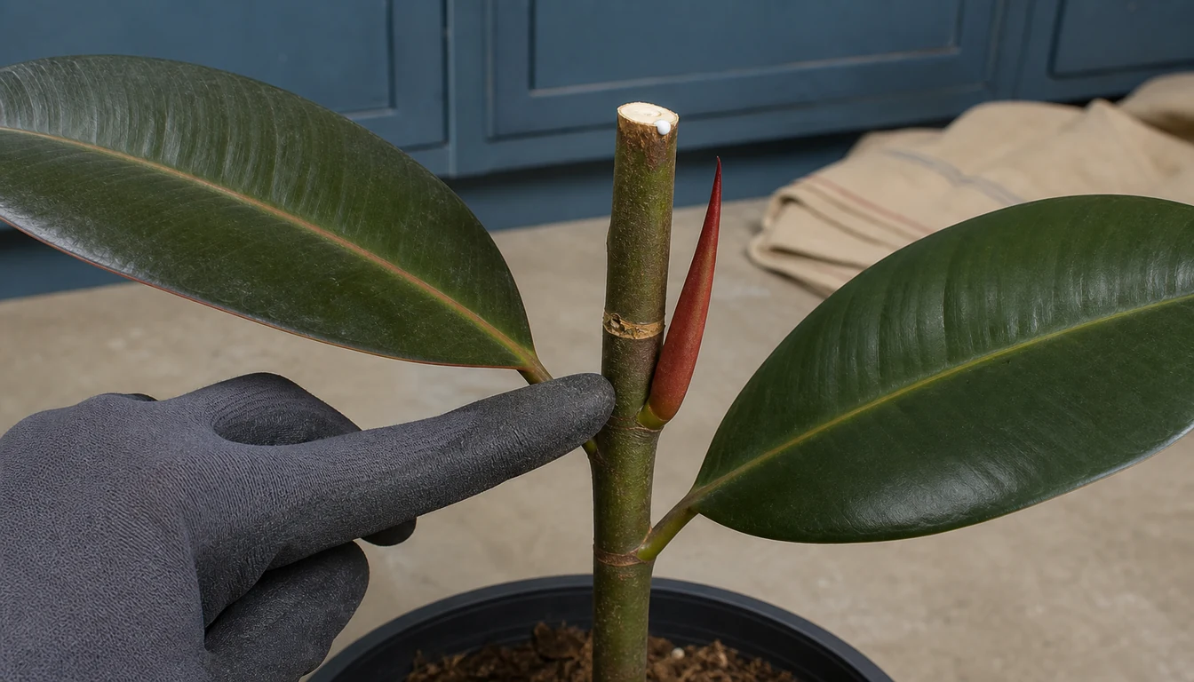 Gloved hand marking a node below a clean cut on an upright Rubber Plant stem with two glossy leaves