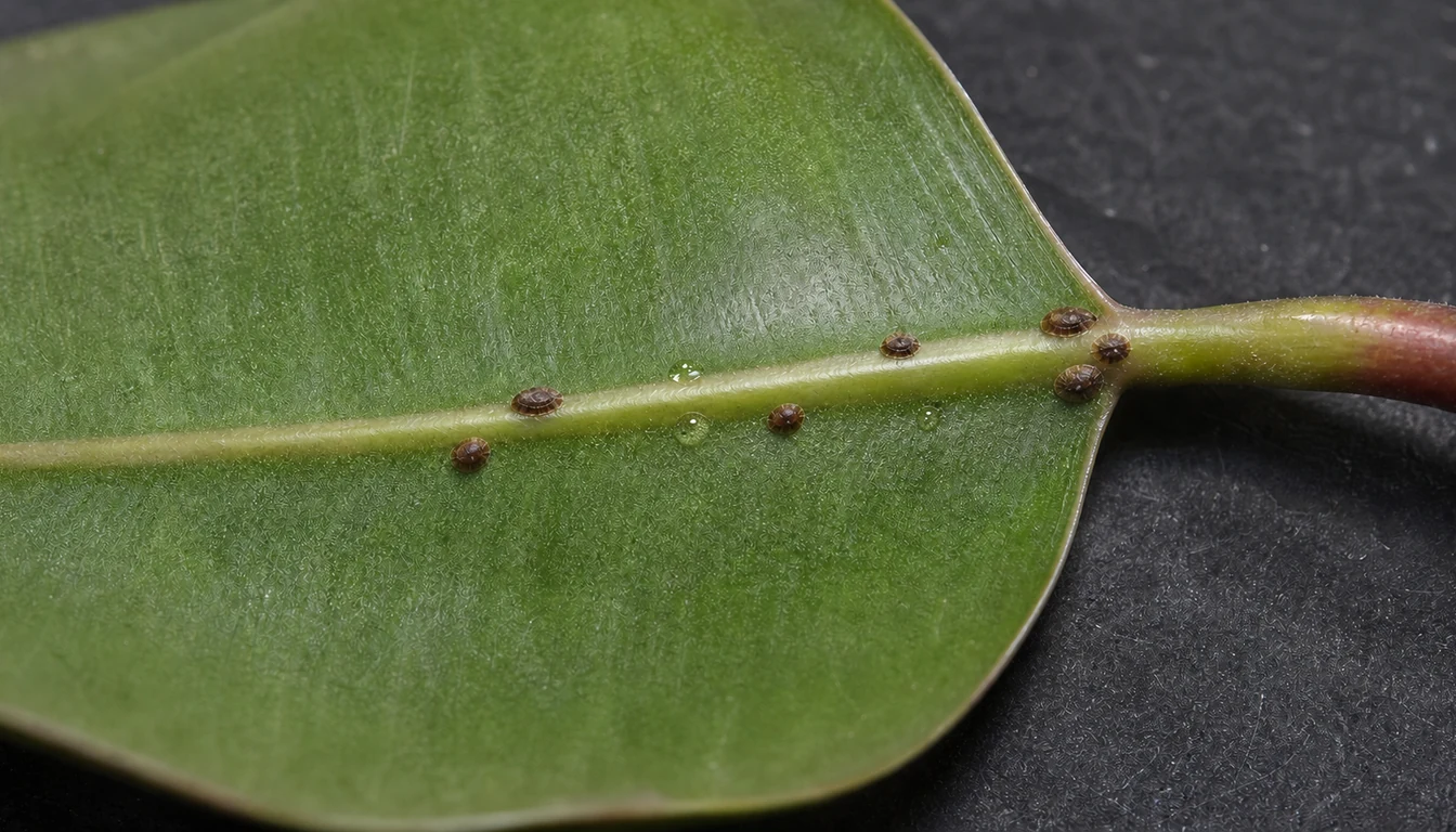 Nine small raised brown scale insects and clear honeydew droplets along the underside midrib of a Rubber Plant leaf