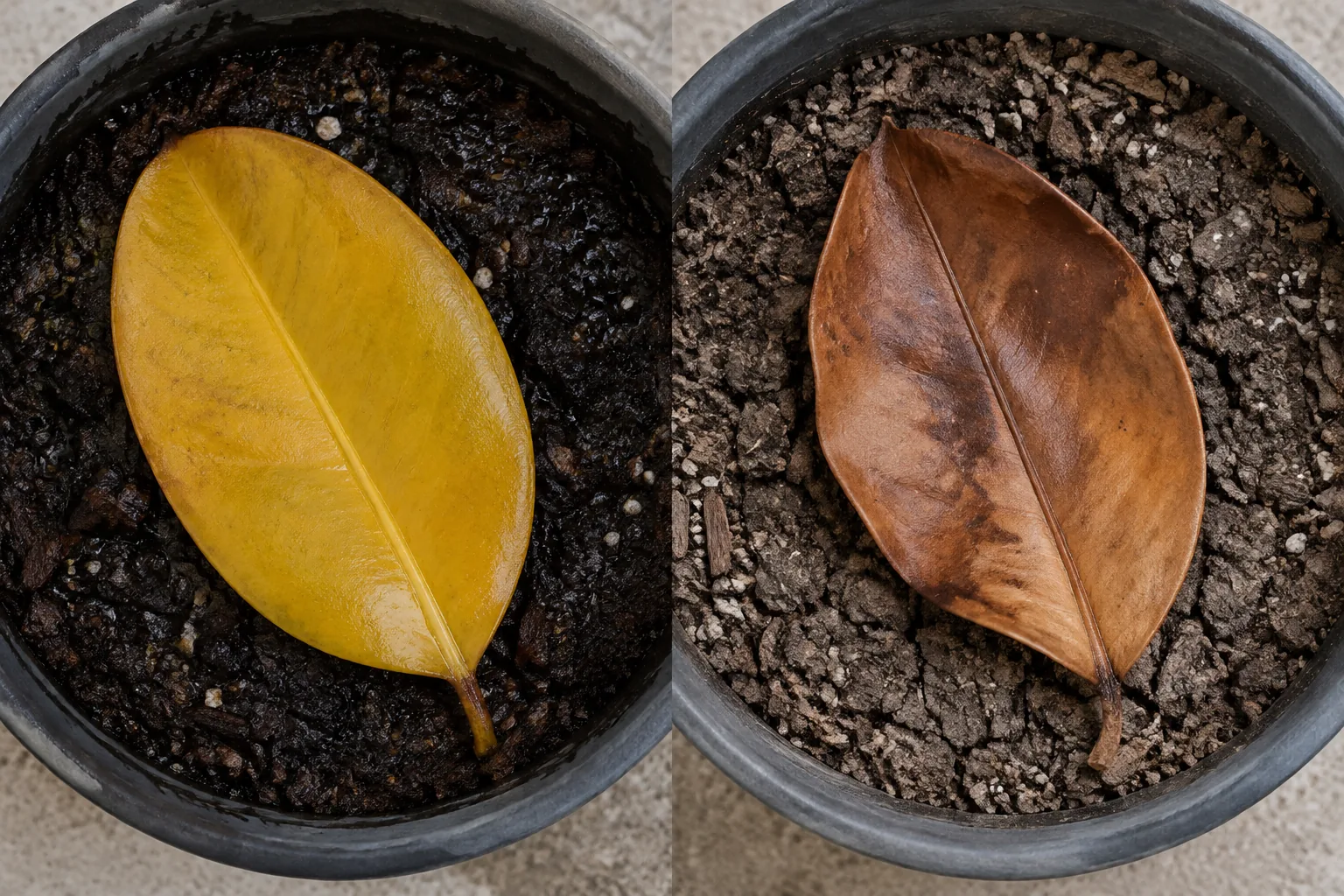 Two fallen rubber plant leaves side by side, the left soft and uniformly yellow on dark wet potting mix, the right stiff and brown with dry curling edges on pale dry mix