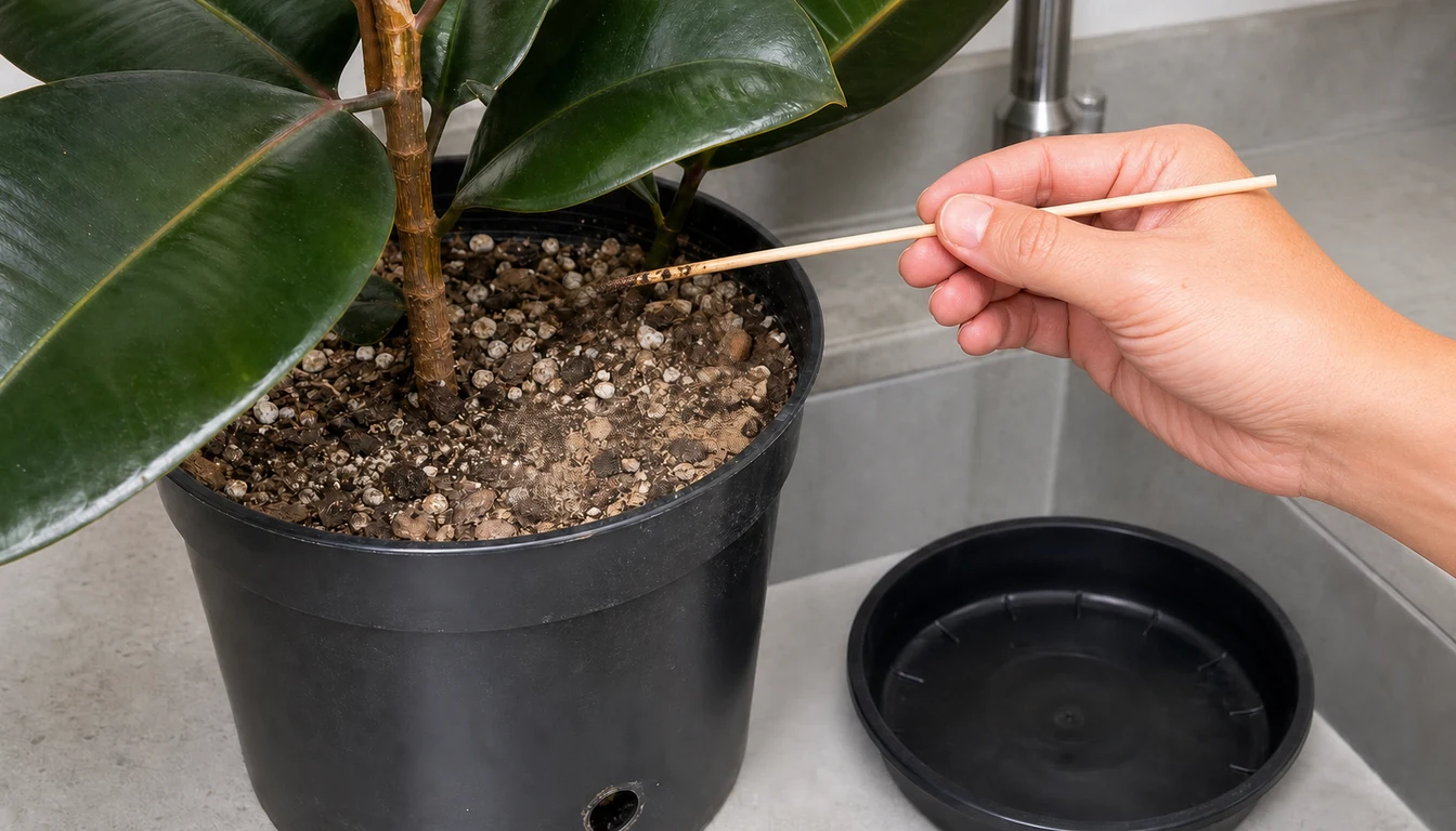 Wooden skewer held above dry-looking Rubber Plant mix with dark damp soil clinging only to its lower tip