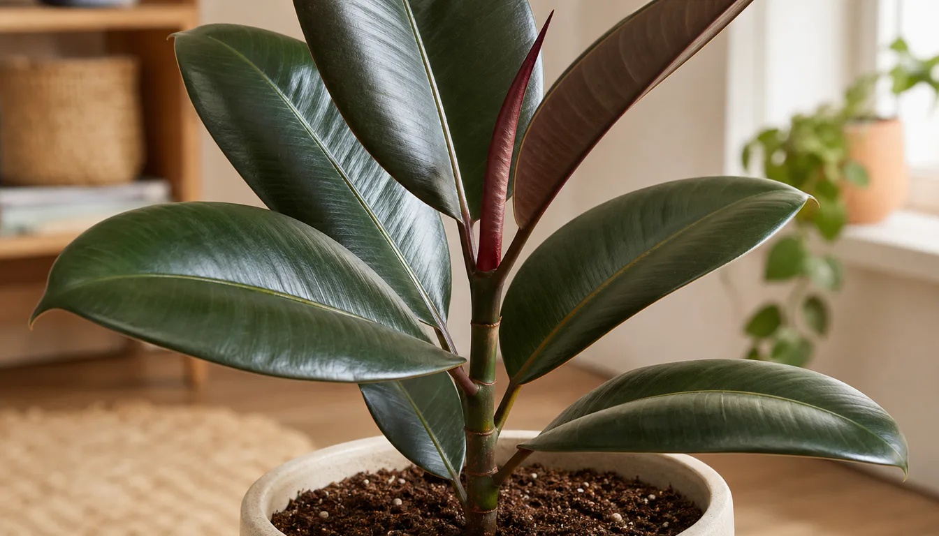 Close view of new reddish rubber tree growth beside mature glossy leaves indoors.