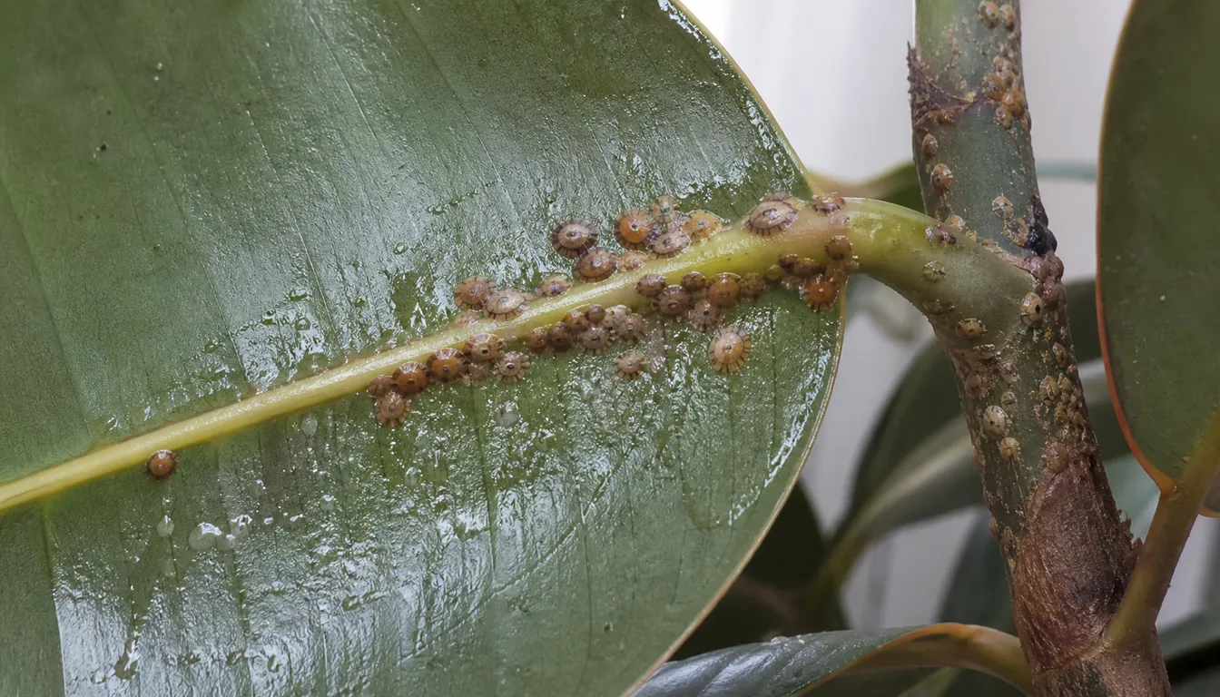 Close view of small brown scale insects clustered along a rubber tree leaf midrib and stem with sticky honeydew residue.