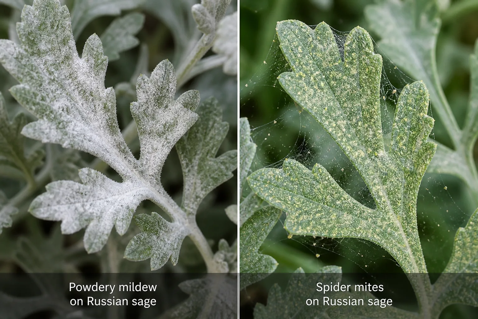 Side-by-side comparison of Russian sage leaf problems showing a white, dusty powdery mildew coating on the left and fine spider mite webbing with pale stippling on the right