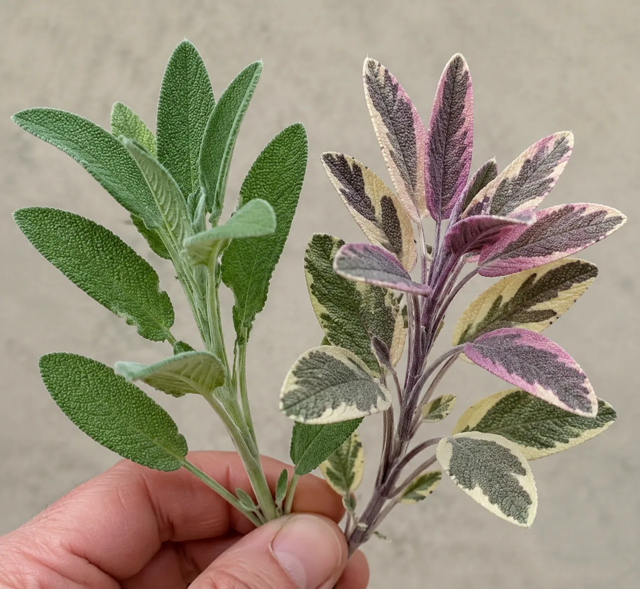 A hand holding two sage sprigs side by side, the left with plain gray-green pebbled leaves and the right with leaves marked in cream, pink and dusty purple