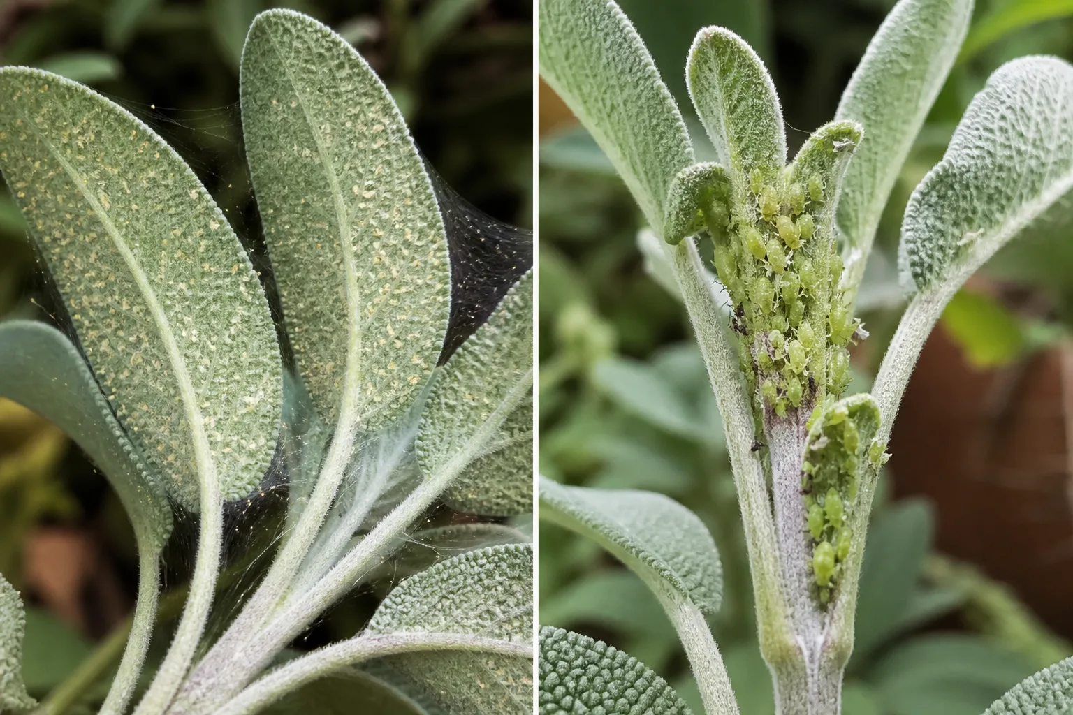 Side-by-side sage leaf comparison showing fine spider mite webbing and stippled speckling on one leaf beside a cluster of green aphids on a stem tip