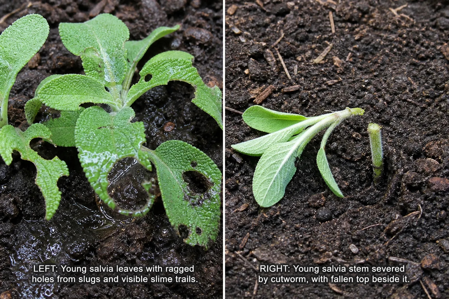 Close comparison of ragged slug-chewed salvia leaves with a slime trail beside a young salvia stem severed near the soil line by a cutworm