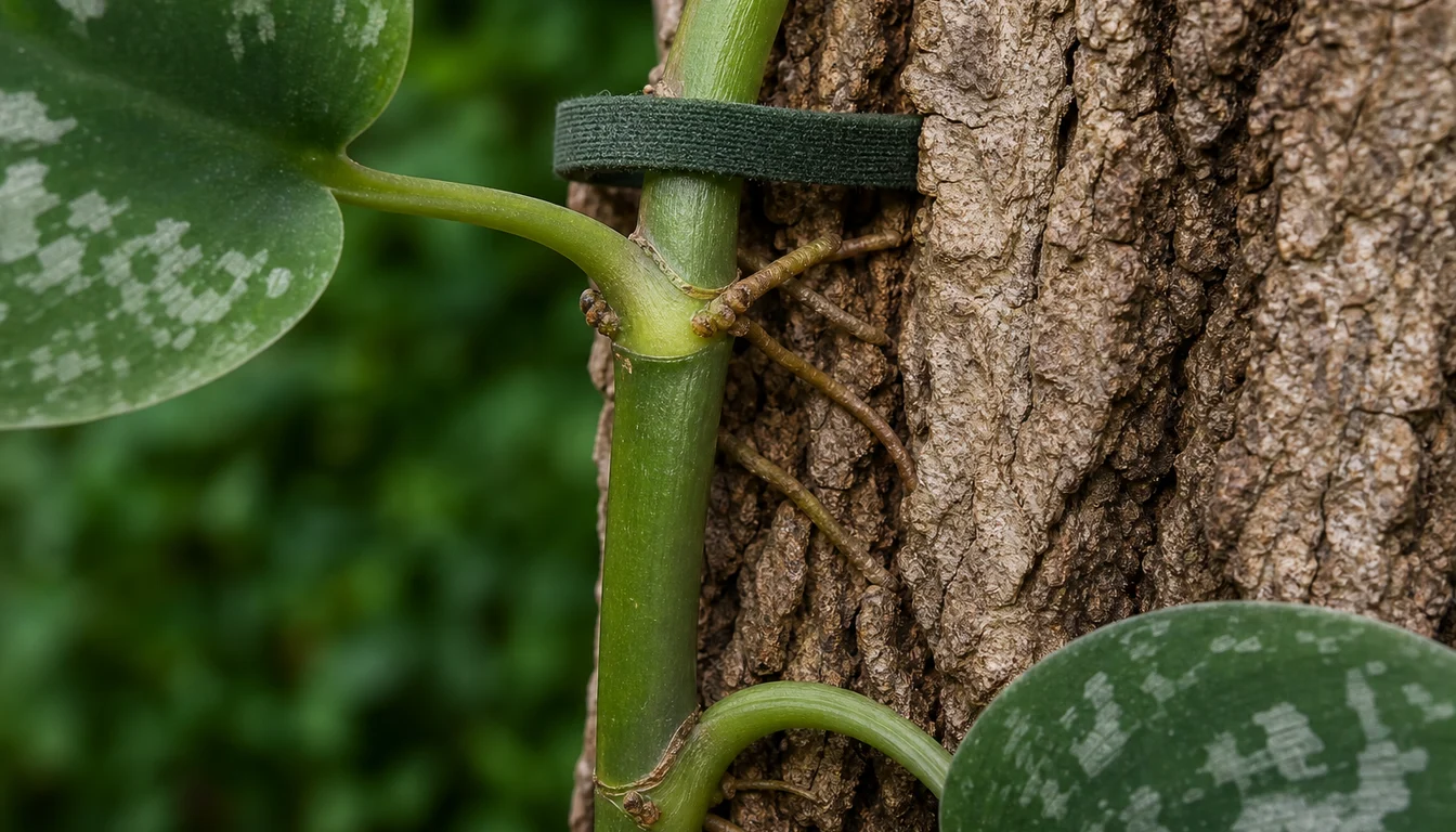 Satin Pothos aerial rootlets press into rough bark below a loose tie positioned behind the upper node