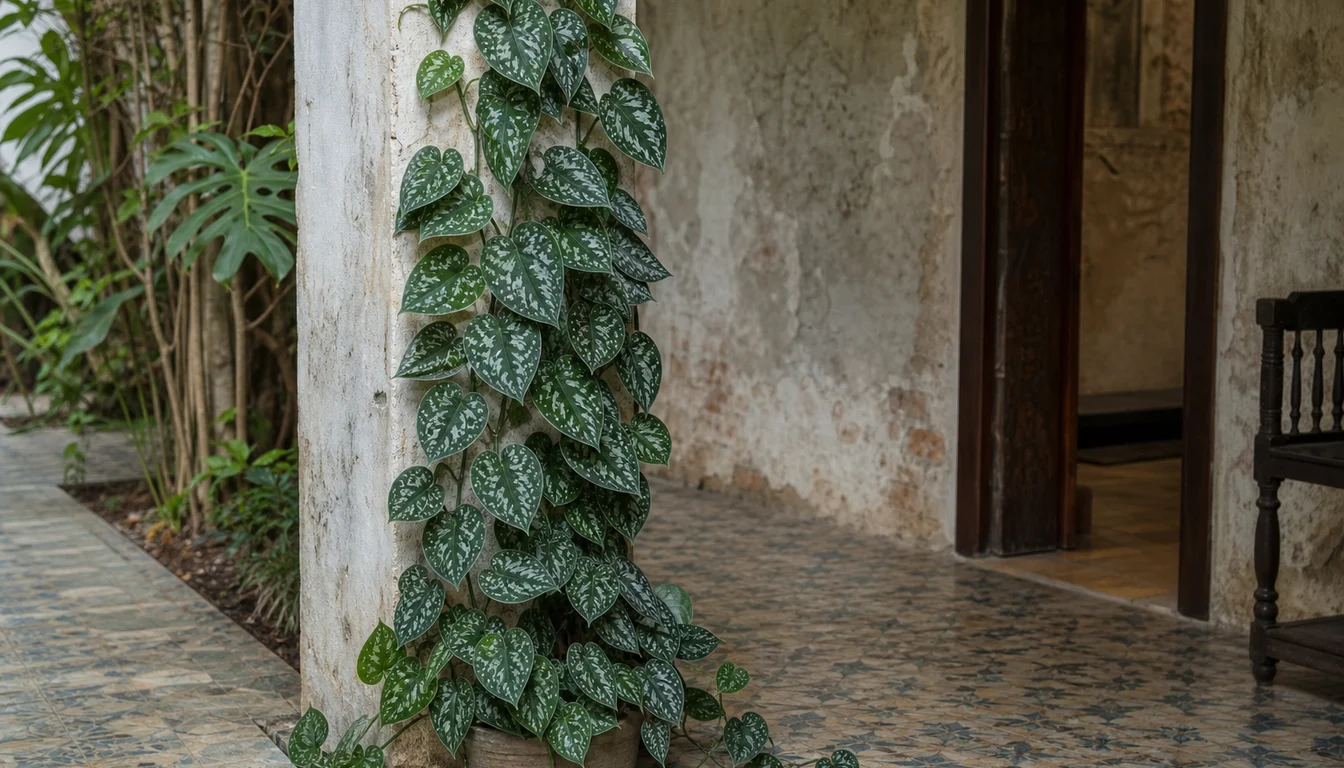 Satin Pothos climbing a limewashed courtyard pillar with silver-blotched leaves trailing across patterned tile
