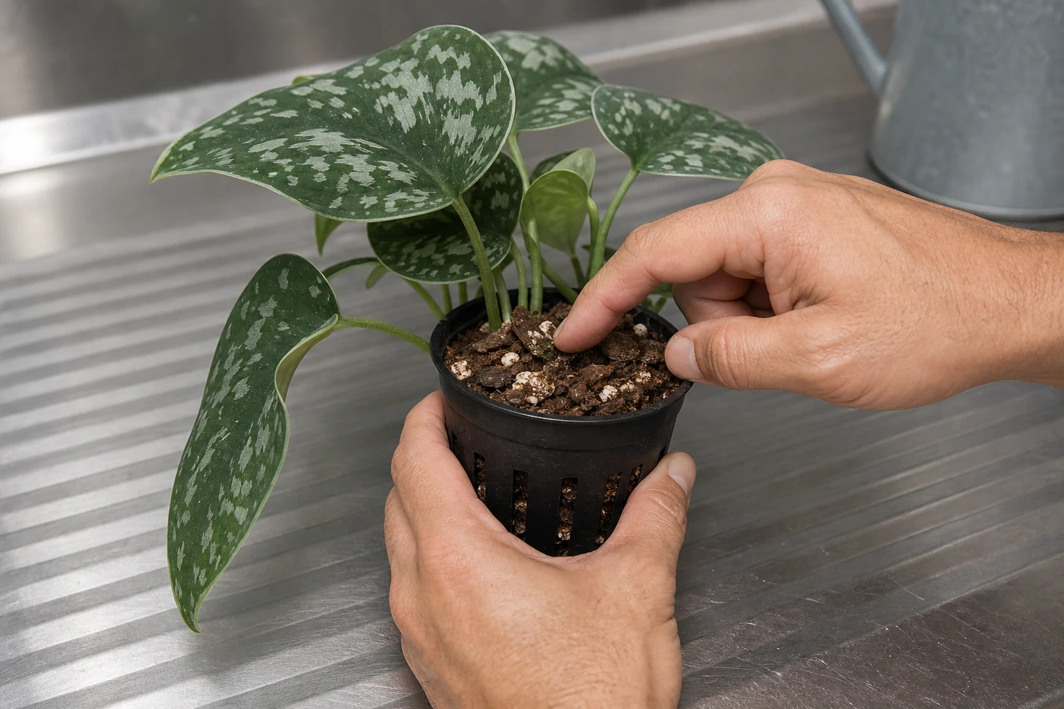 Lightly curled Satin Pothos leaf beside a lifted nursery pot while a finger checks the chunky mix through the top