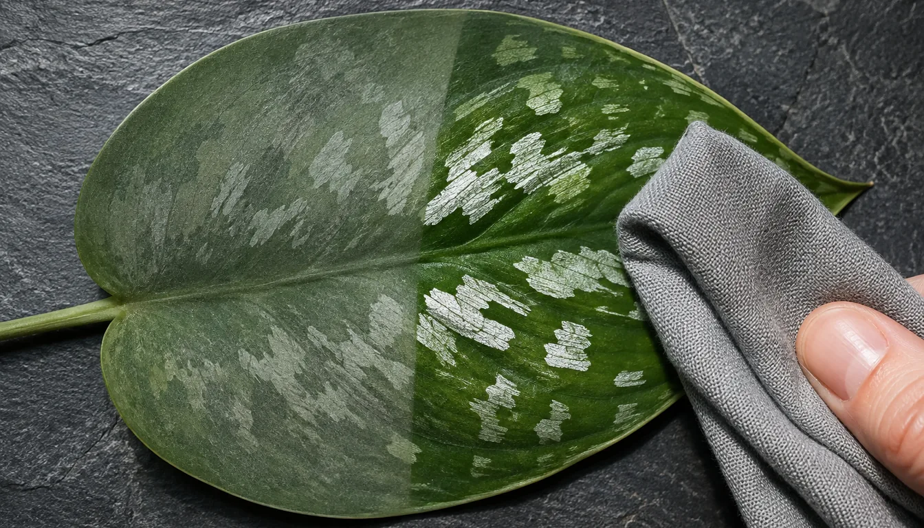 One satin pothos leaf on dark slate, its right half just wiped with a gray cloth so the silver blotches read bright and metallic, its untouched left half covered in a dull flat film that mutes the same markings
