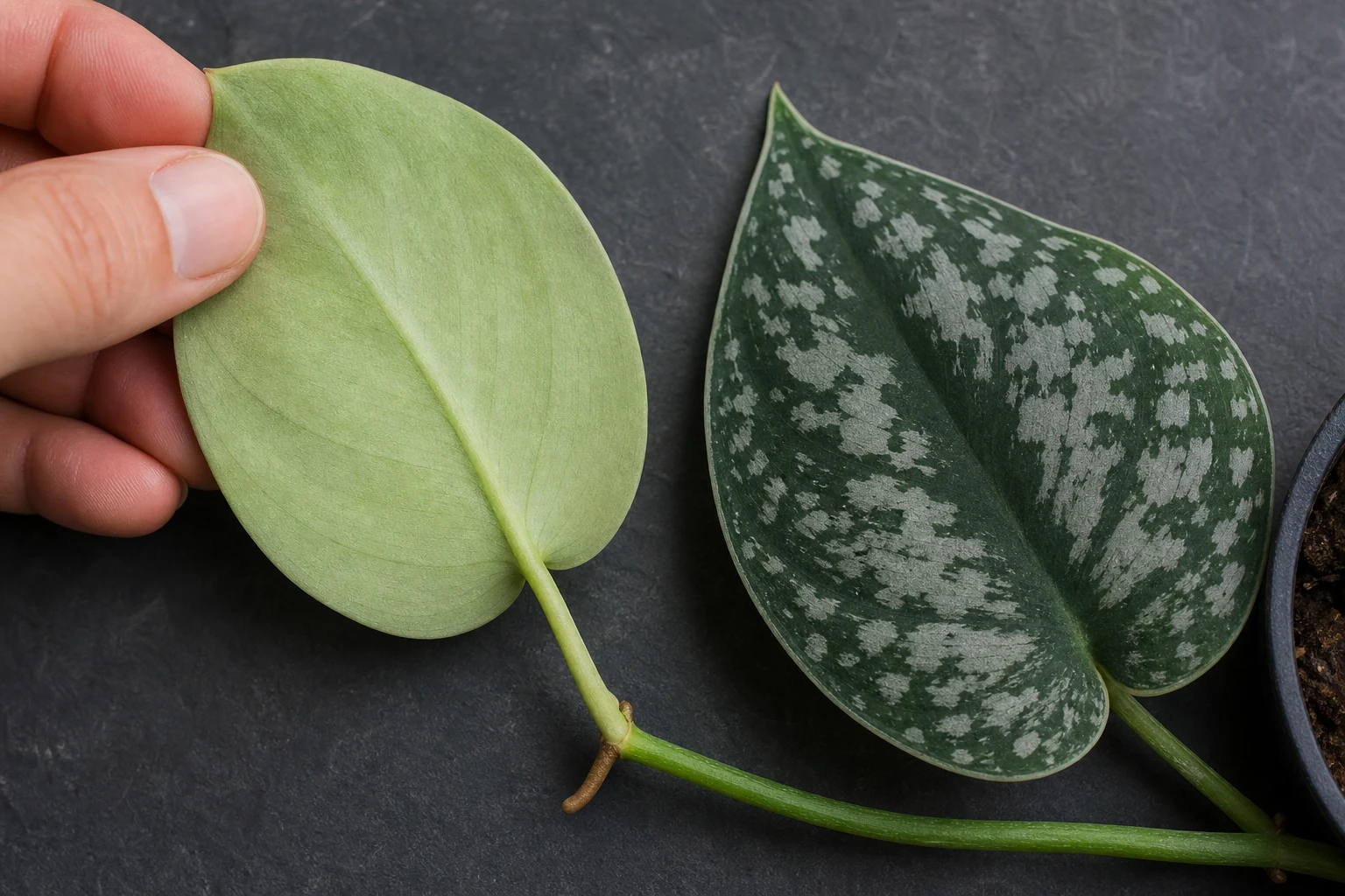 Hand turning one Satin Pothos leaf to show its pale unmarked underside beside a silver-blotched upper surface