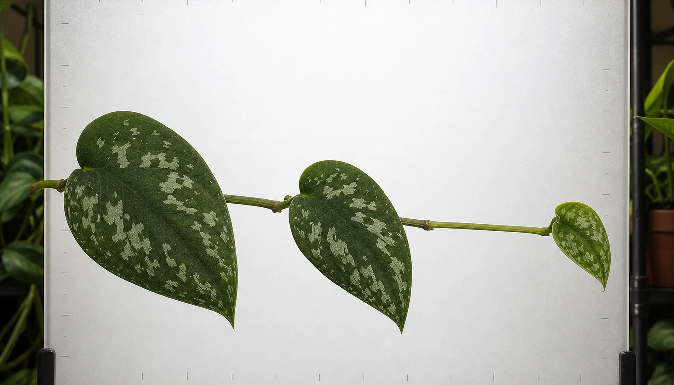 Three attached Satin Pothos leaves decrease in size as the gaps between their nodes widen across a frosted light panel