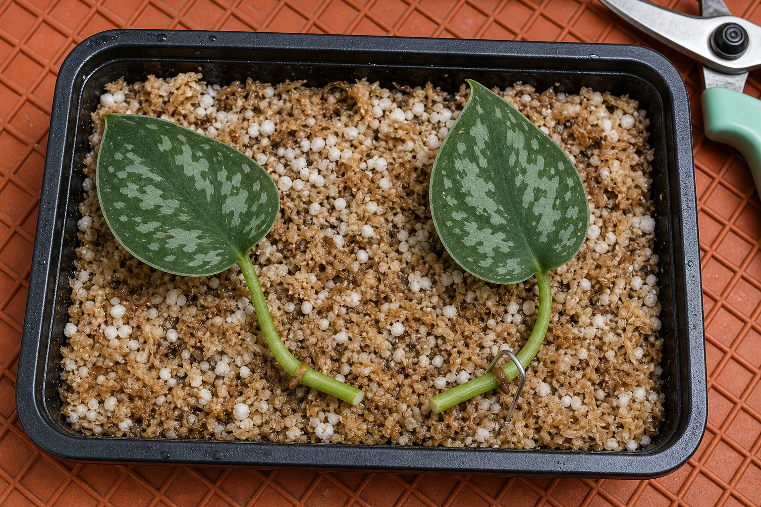 Two Satin Pothos node cuttings pinned across perlite and chopped sphagnum with cut ends and aerial root bumps visible