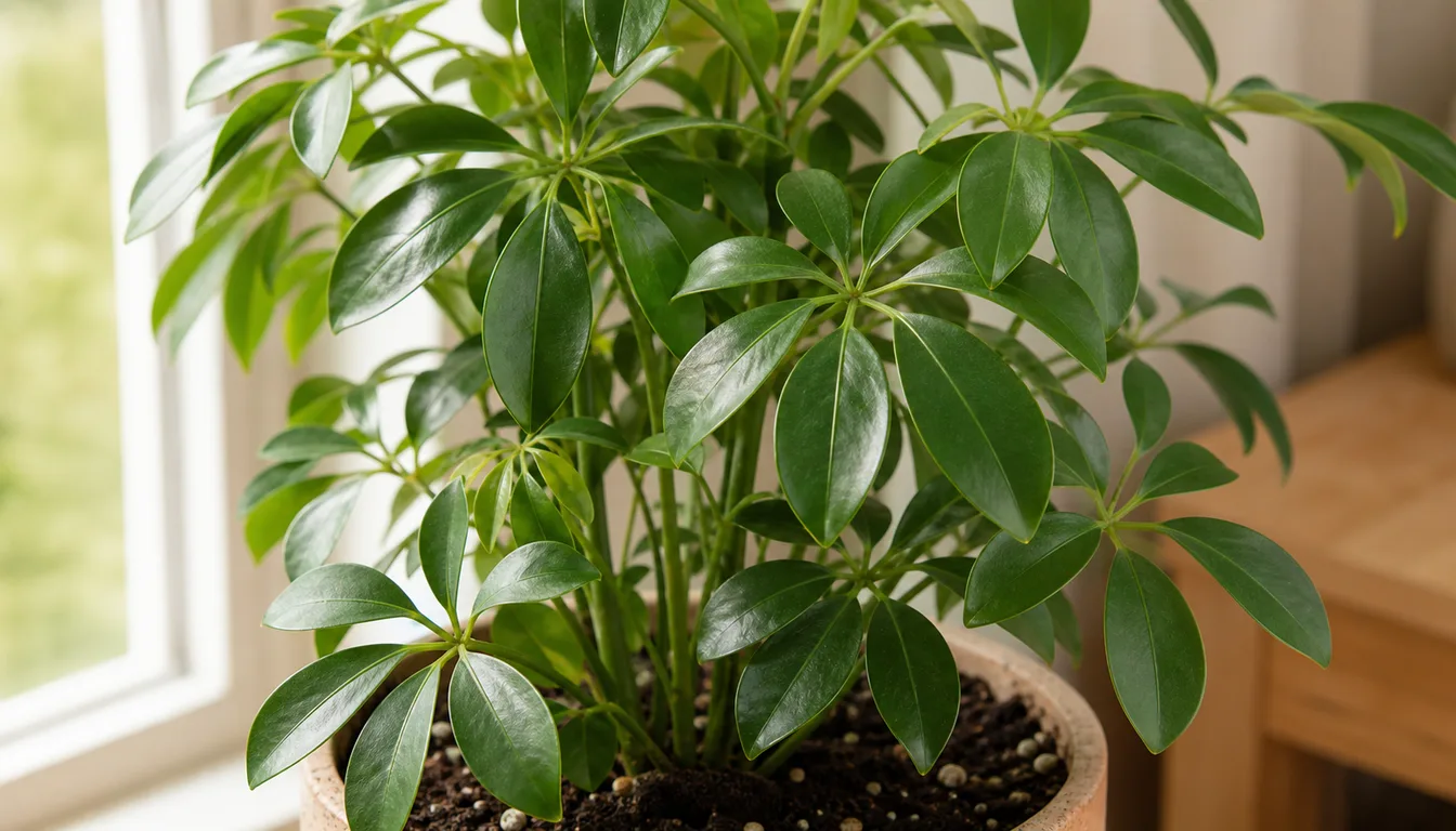Schefflera growing indoors with visible leaves and potting mix.