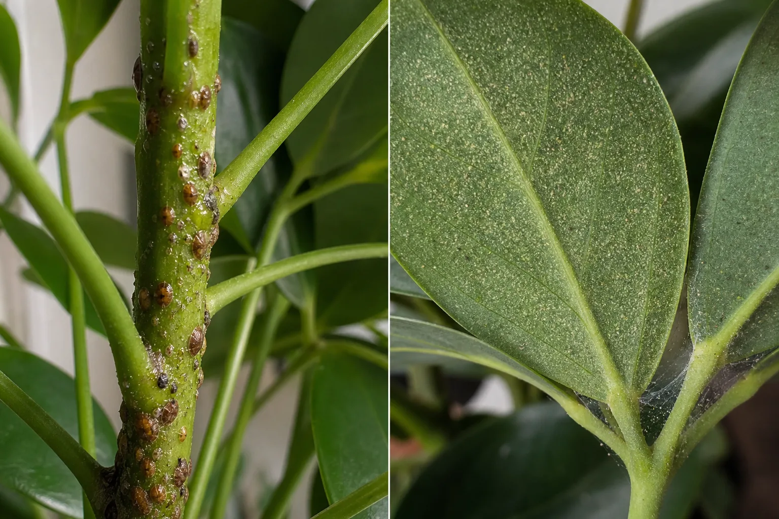 Side-by-side comparison of schefflera stems and leaves showing small brown scale insect bumps clustered along a stem on the left versus fine pale stippling and faint webbing from spider mites on a leaflet underside on the right