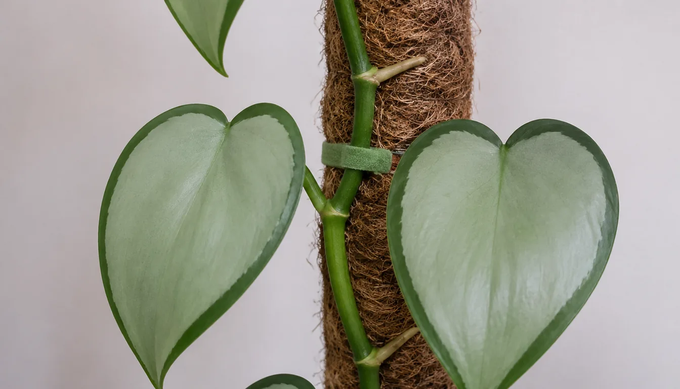 A Scindapsus treubii Moonlight vine climbing a coir pole, its silver-faced leaves held flat and facing outward, with short pale aerial roots pushed out at two nodes and gripping the coir, and a soft tie holding the stem between nodes