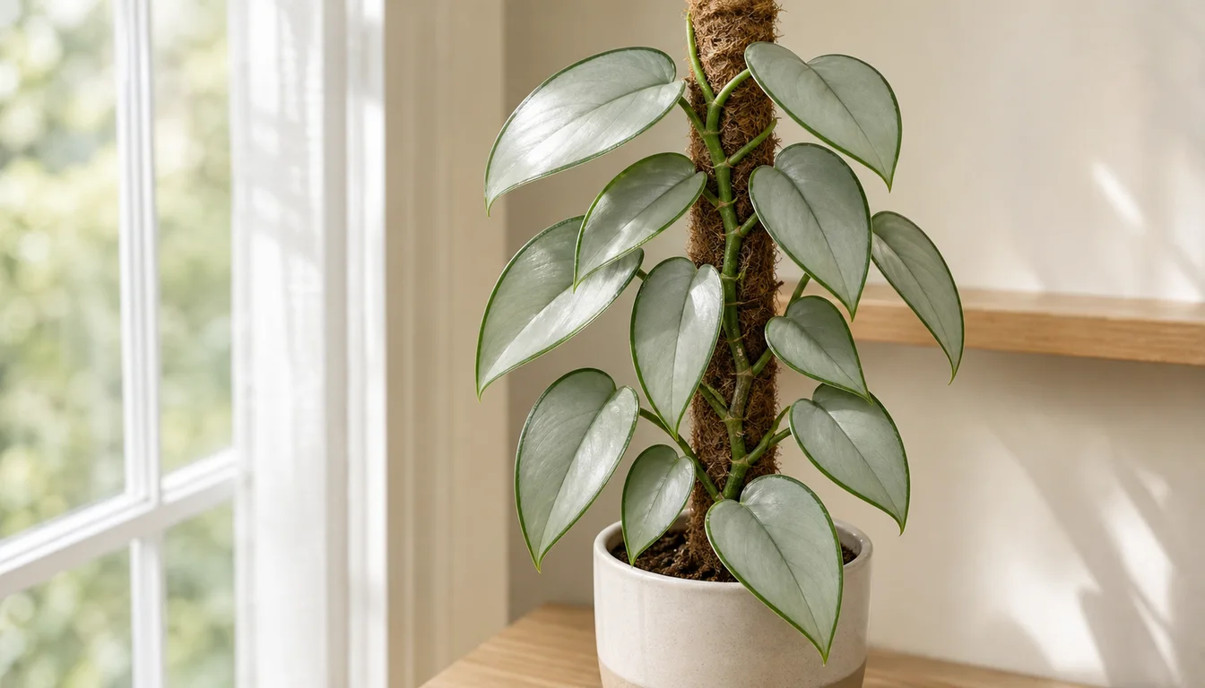 Scindapsus treubii Moonlight climbing a coir support with thick smooth silver-green leaves edged in dark green