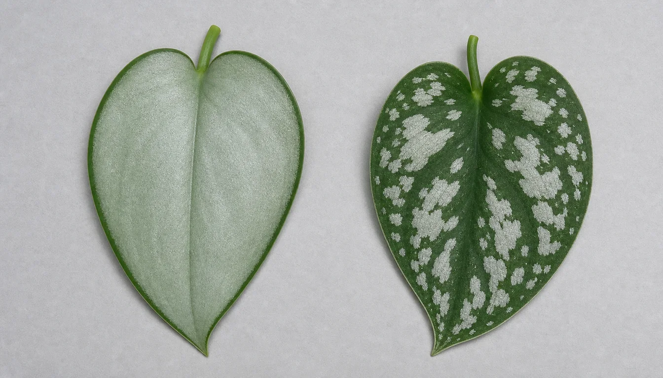 Smooth silver-green Scindapsus treubii Moonlight leaf beside a dark green Scindapsus pictus leaf with separate silver patches