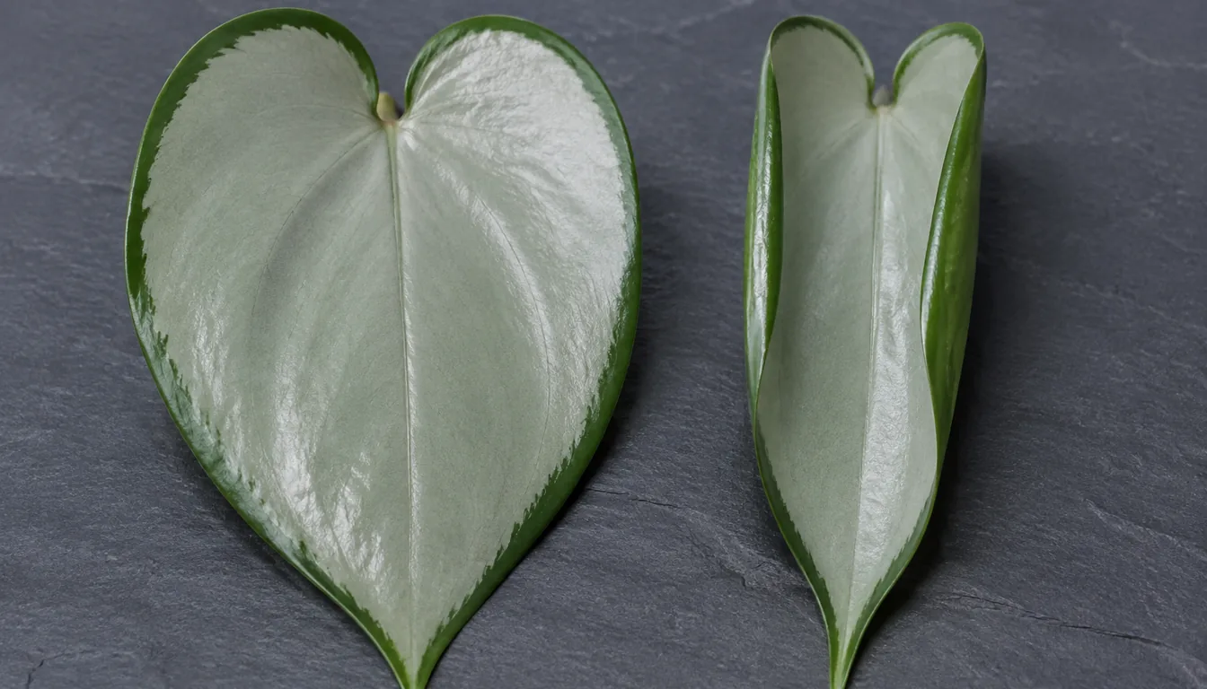 Two silver-faced Scindapsus treubii leaves on dark slate, the left one lying flat and fully open and the right one still firm and evenly colored but with both edges curled inward toward the midrib into a narrow trough
