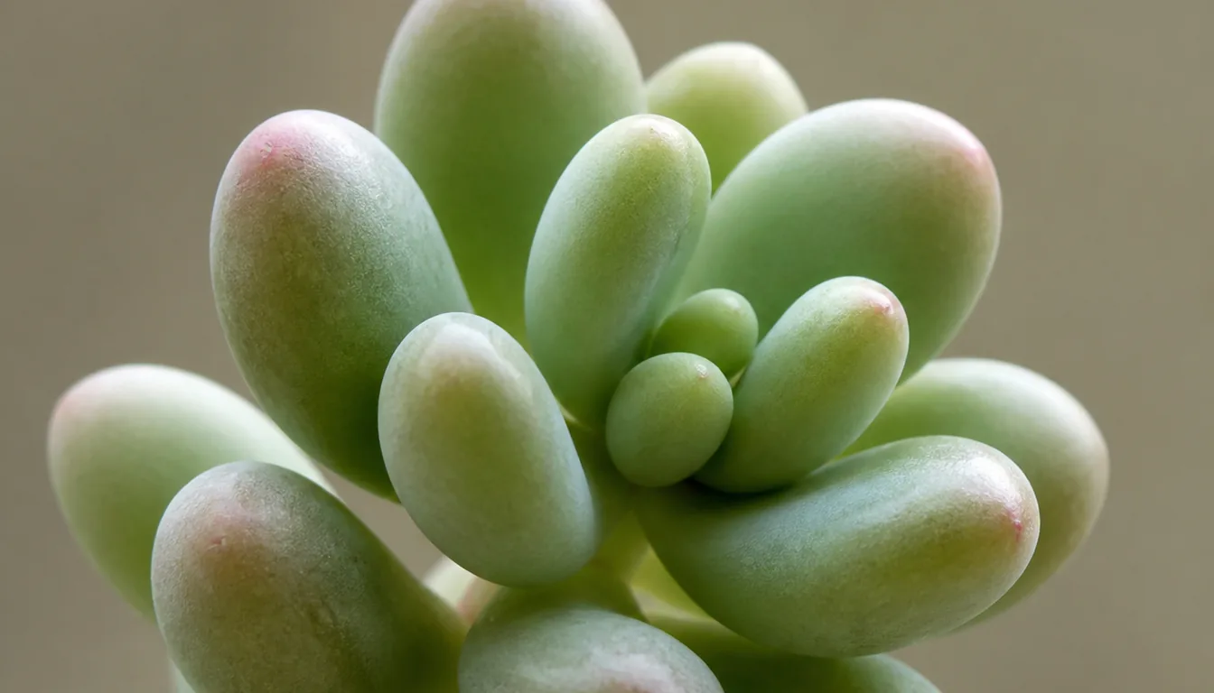 Thick plump sedum leaves crowded along a short stem, deep enough to show the rounded water-storing cross-section