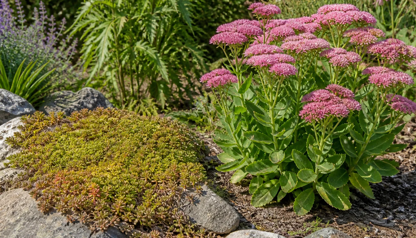 Low mat-forming sedum beside a taller upright sedum with pink flower clusters