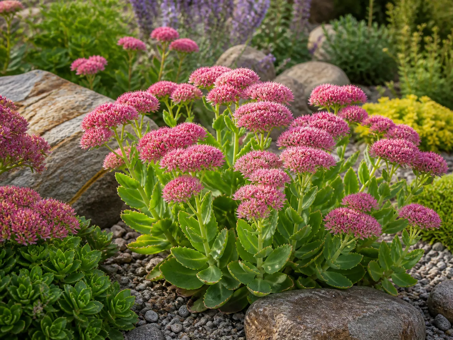 A potted Sedum with rounded, fleshy blue-green succulent leaves in bright light