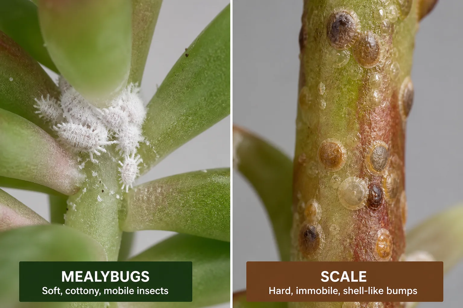 Close comparison of soft cottony white mealybug clusters in a sedum leaf joint beside small hard scale bumps fused flat along a sedum stem