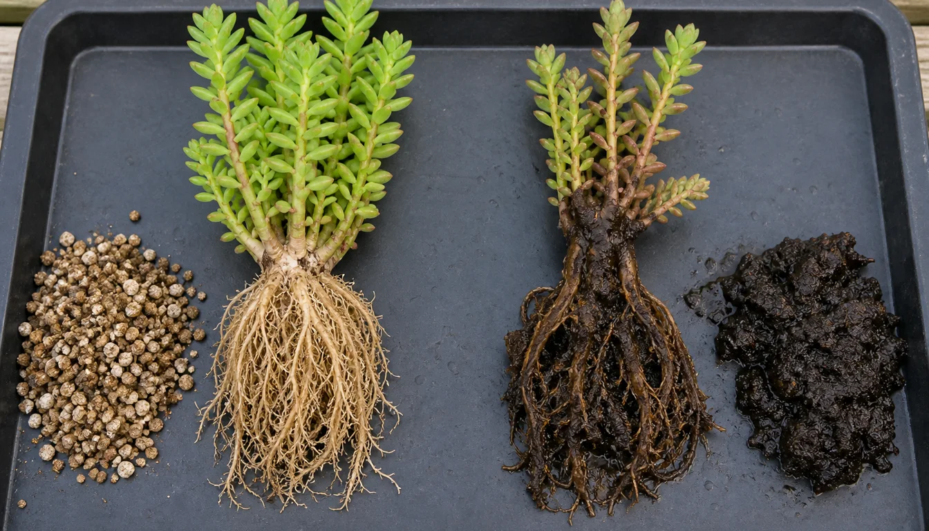 Healthy pale firm Sedum roots beside brown soft roots and a dark wet crown on a potting tray