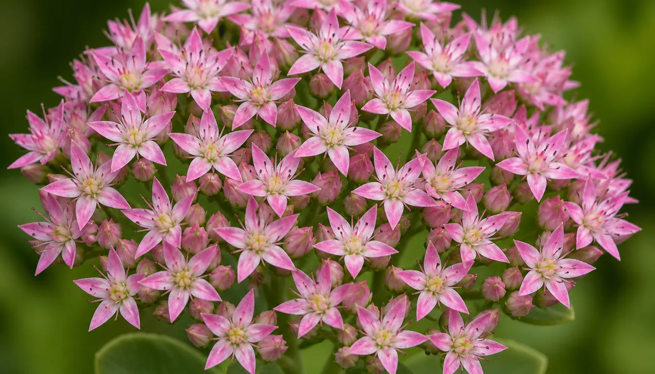 A flat-topped sedum flower head made of many small five-petalled star-shaped flowers, each star clearly separate