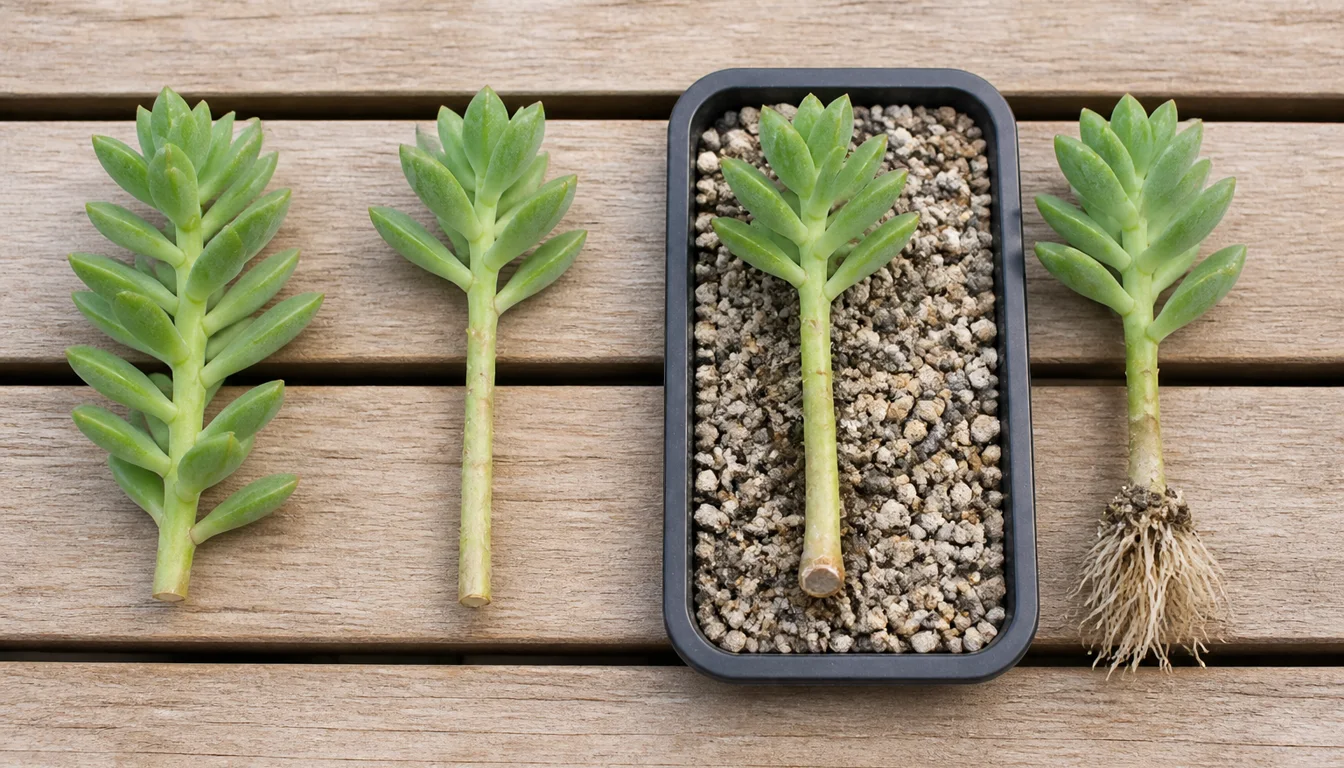 Sedum stem cutting stages showing lower leaves removed, a sealed base, shallow gritty mix, and a rooted cutting