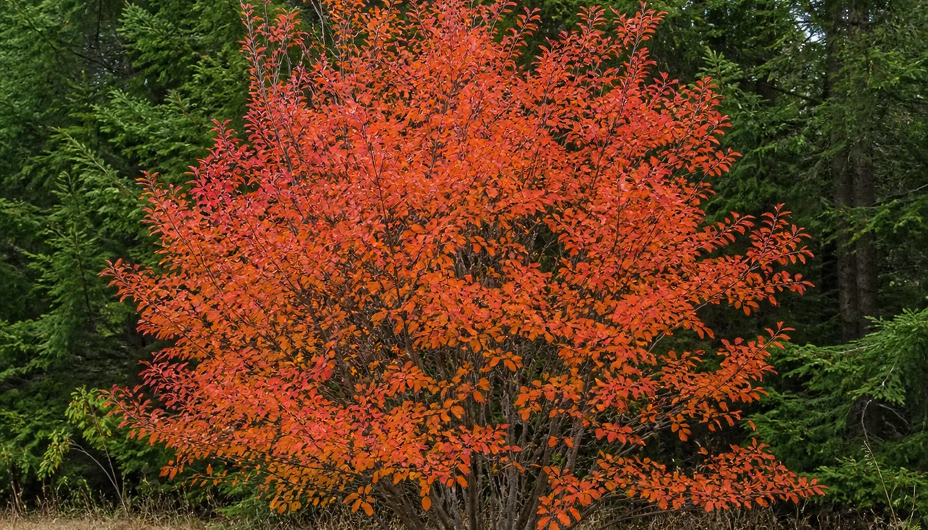 A whole multi-stem serviceberry in October turned strong orange and red across every branch, standing against dark green conifers