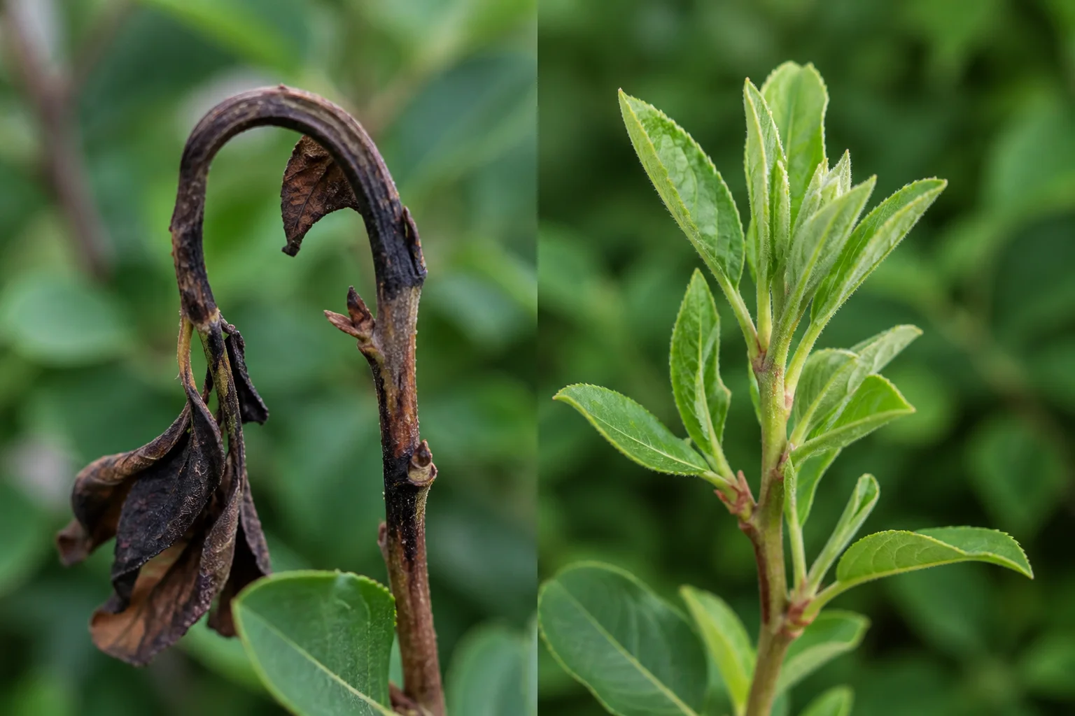Side-by-side serviceberry shoot comparison showing a blackened fireblight shepherd's-crook tip and a healthy green shoot tip