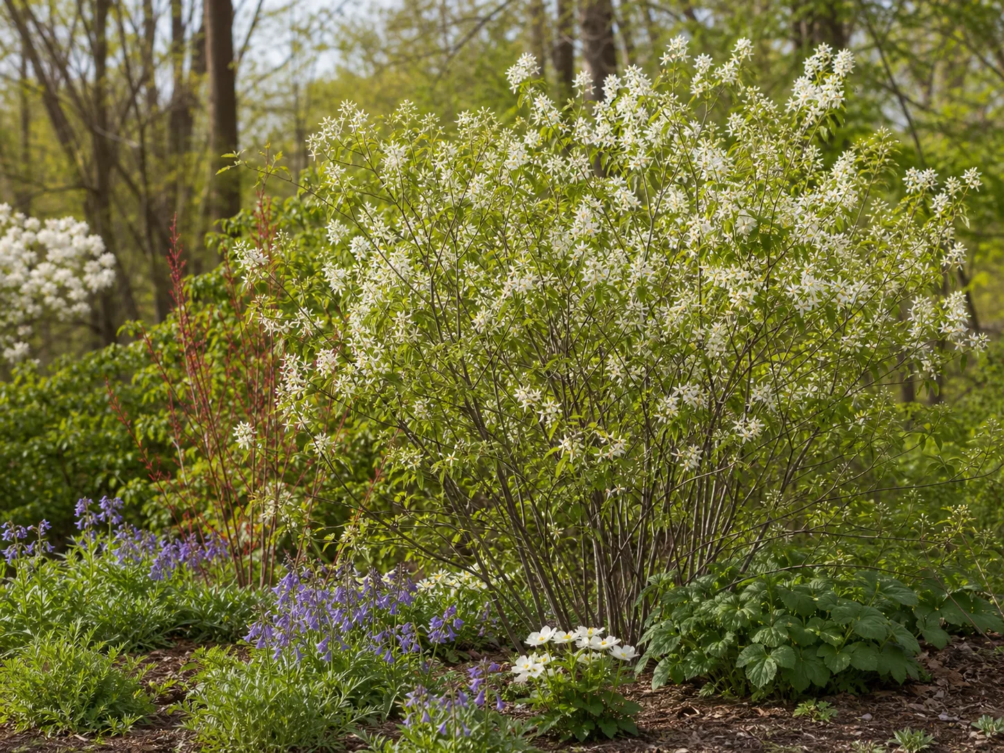 Multi-stem Serviceberry covered in small white star-shaped flowers at a woodland edge, with bluebells and low green perennials in the mulched bed at its base