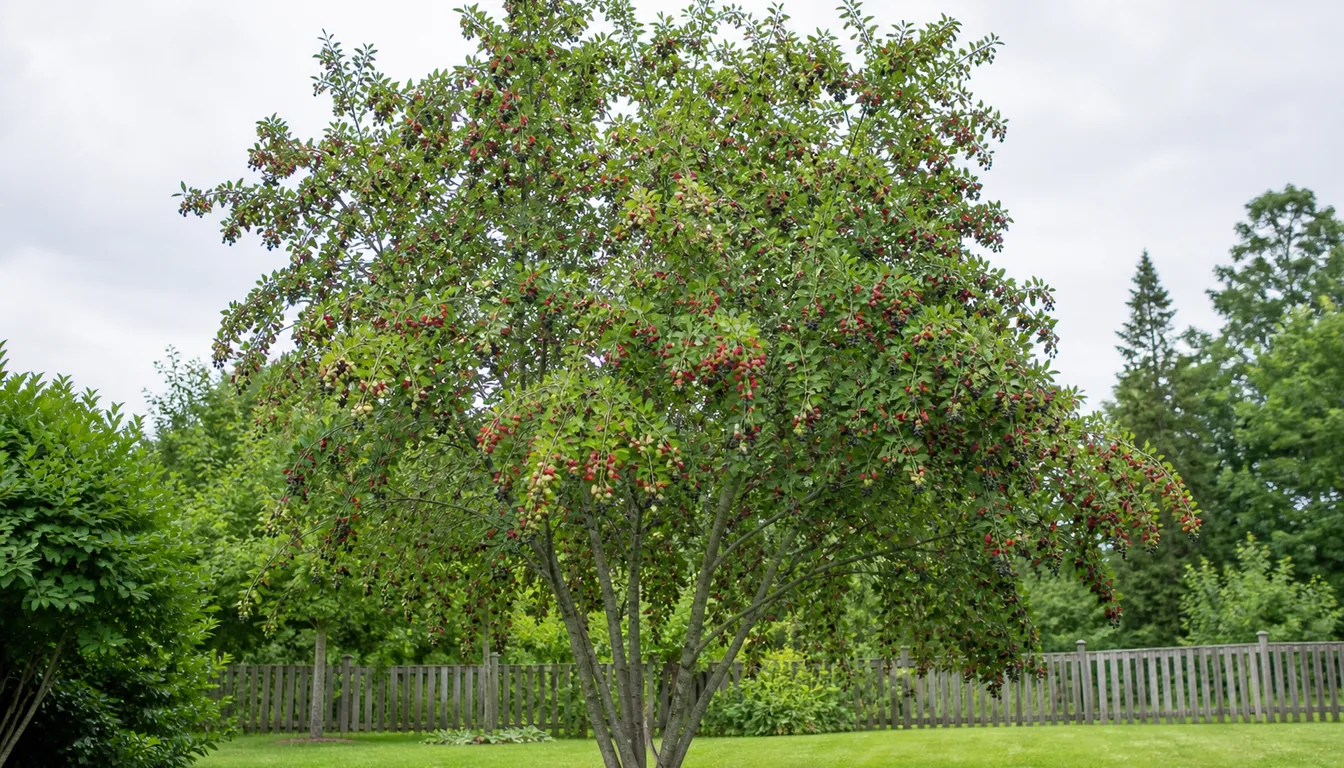 A whole multi-stem serviceberry on a back garden lawn in June, its canopy hung with clusters of pale green, red and ripe purple-black fruit all at the same time