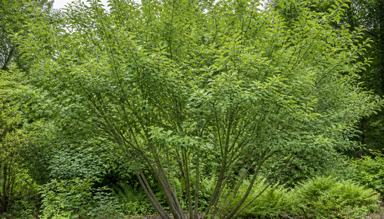 A serviceberry grown as a multi-stem clump, seven slender trunks fanning from ground level into a broad thicket in a naturalised woodland-edge bed, in plain summer leaf