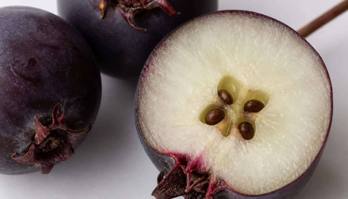 Ripe purple-black serviceberry fruits, one sliced in half showing pale flesh around a small central core of dark seeds with the dried flower remains at the base, built like a tiny apple