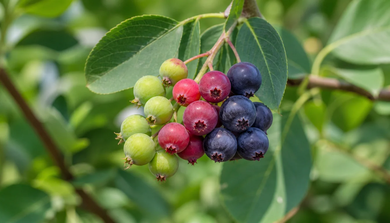 One Serviceberry cluster carrying pale green fruit, bright pink-red fruit, and fully ripe deep purple-black fruit together on the same stem, each berry with a small five-pointed crown
