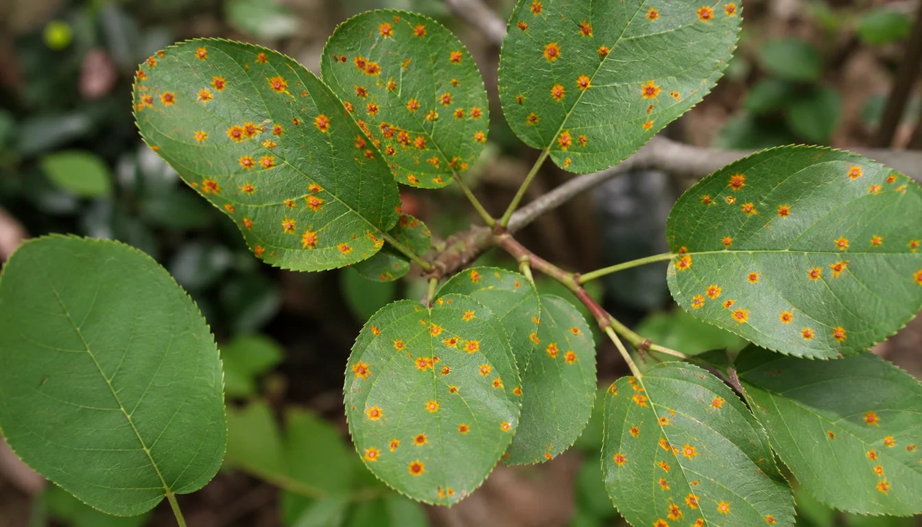 Serviceberry leaves seen from above with dozens of small raised orange and rusty-yellow spots scattered across the upper surfaces, and one unmarked green leaf at the lower left