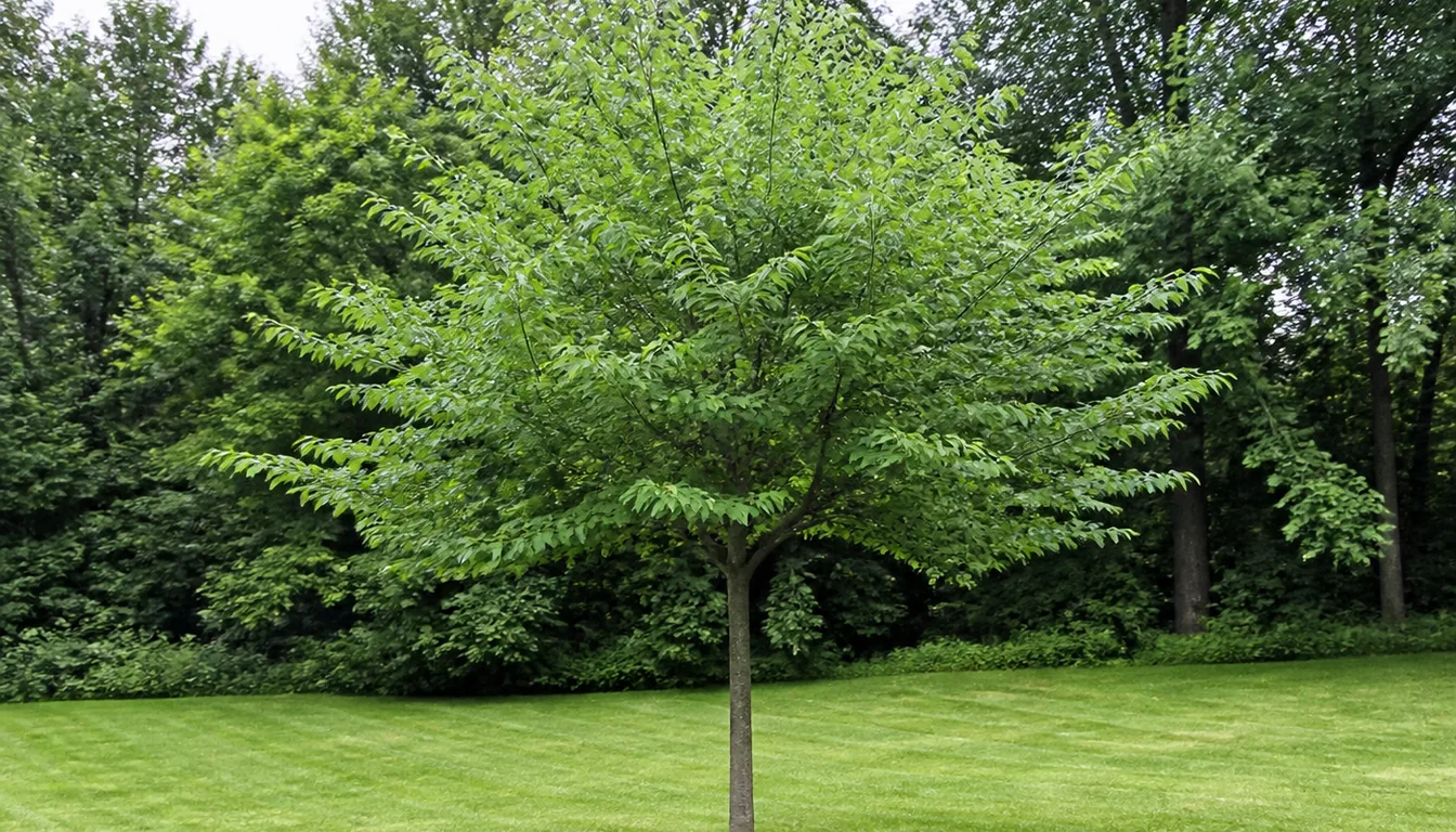 A serviceberry trained to one clear trunk on mown lawn in plain summer leaf, the stem bare to about head height with open walking space beneath the canopy