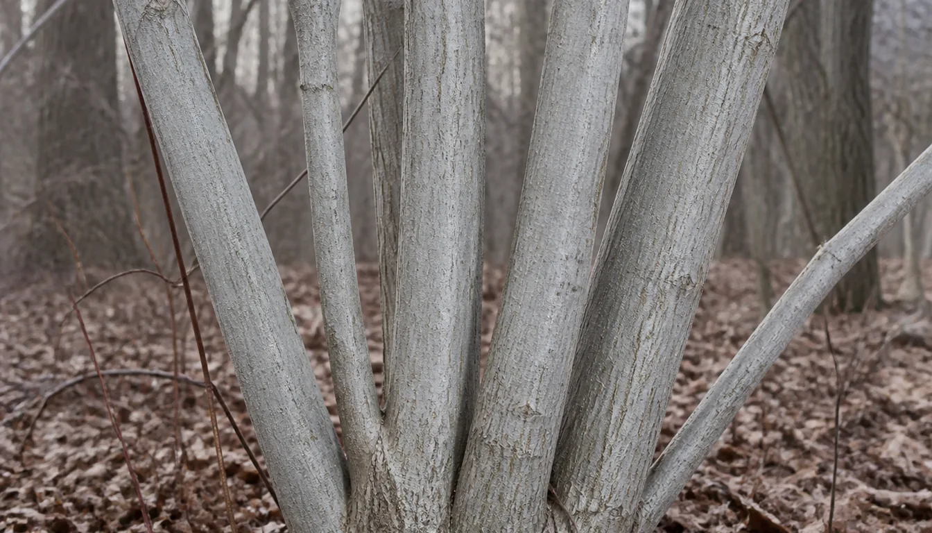 The base of a multi-stem serviceberry in winter, several slender trunks rising together with smooth pale silvery gray bark finely striped darker