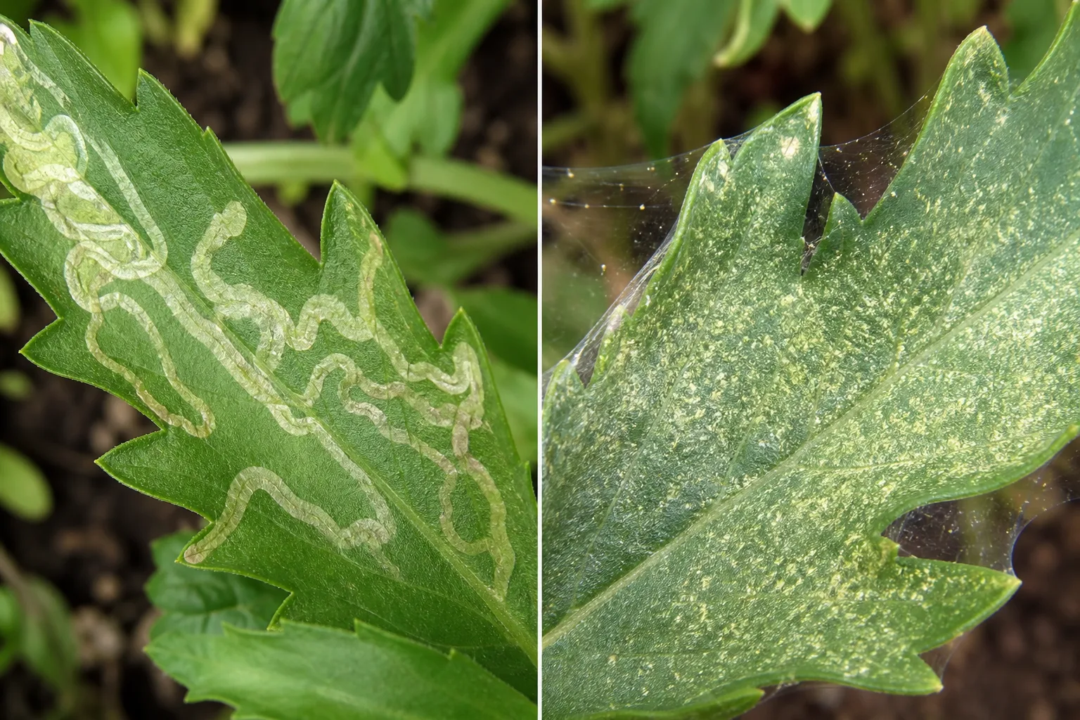 Side-by-side Shasta daisy leaf comparison showing pale winding leaf-miner tunnels beside a leaf with fine spider mite webbing and stippling