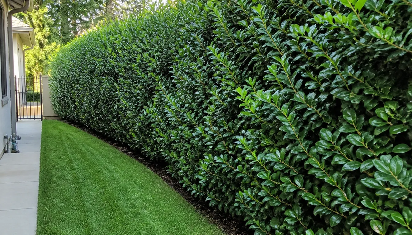 Skip Laurel hedge with glossy evergreen leaves forming a narrow privacy screen
