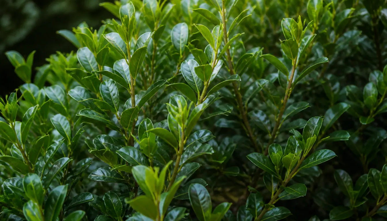 Close view of Skip Laurel leaves and dense branching used for evergreen hedge screening
